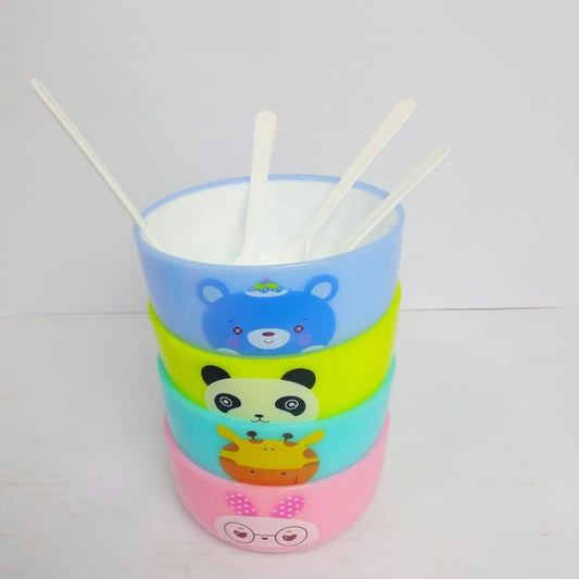 4pc Plastic Cartoon Bowl & Spoon Set